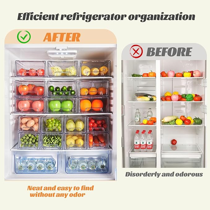 Clear Stackable Refrigerator Organizers and Storage Drawers - Pull-Out Fridge Bins with Anti-Slip Base & Easy Clean, Plastic Organizers for Kitchen Pantry Cabinet Closet ﻿ (2XL)