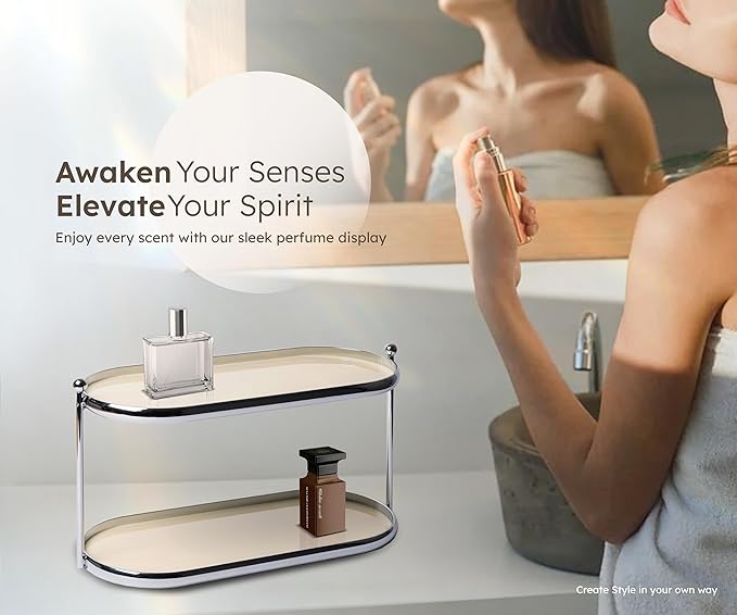 MUSEOWN 2 Tier Metal Frame Perfume Organizer in Stylish,and Minimalist Perfume Tray-Elegant Countertop Display Shelf for Skincare,Makeup,Trinket for Dresser,Vanity,Bathroom (Creamy White)