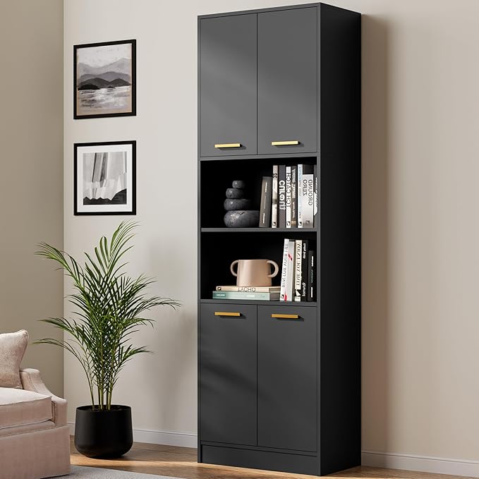 Cozy Castle Kitchen Pantry Cabinet, 75" Tall Wood Storage Cabinet with Doors and Shelves, 4 Doors Open Countertop Utility Hutch Cupboard for Dining Room Living Room Bathroom Furniture, Black
