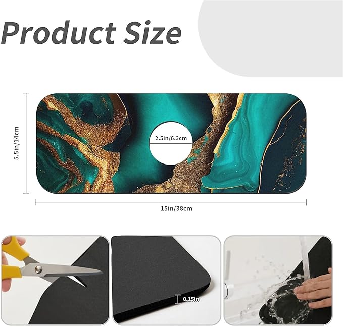 Kitchen Sink Splash Guard，Cyan and gold marble Faucet Mat Sink Gadgets-Super Absorbent Fast Drying Mat Drip Catcher for Kitchen, Bathroom,Sink Mat, Dish Drying Mat, Bathroom(15" X 5.5" )