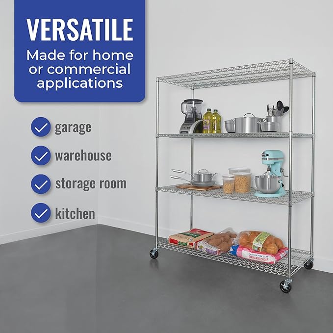 SafeRacks WS-602472-ZW4 NSF Certified 4-Tier Heavy Duty Wire Rack Storage Shelves with Wheels & Adjustable Feet, 24"x60"x72", Silver