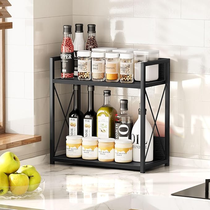Giikin Kitchen Countertop Organizer, 2 Tier Coffee Bar Organizer, Black Spice Rack for Counter, Kitchen Counter Shelves (Black, L)
