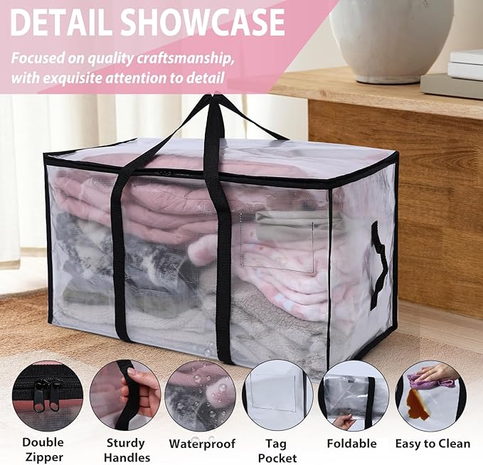 6 Pack Moving Bags Heavy Duty, Extra Large Moving Bags, Moving Supplies, Storage Bags with Handles and Zippers, Waterproof Totes for Storage Space Saving Packaging Shipping and Travel(Clear）