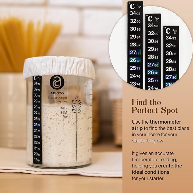 Sourdough Starter Jar Kit, Includes 34 oz Sourdough Starter Jar with Metallic Lid, Silicone Spatula, Feeding Tracker, Extra Thermometer Strips & Breathable Covers – Sourdough Bread Starter Kit