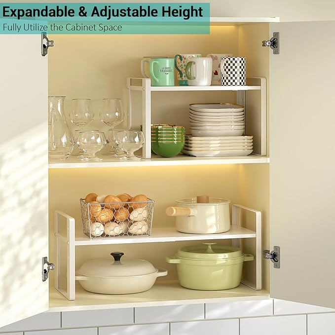 Astrorhine Expandable Cabinet Organizer Shelves, 88lbs High Weight Capacity, Heavy-Duty Metal Storage Rack, Adjustable Cabinet Shelf for Kitchen, Pantry, Cupboard, Under Sink, White, Patent Pending