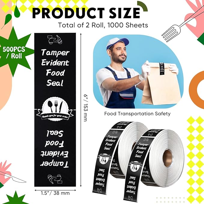 1000 Pieces Tamper Proof Stickers Safety Stickers for Food Delivery 1.5 x 6 Inches Tamper Seal Proof Tape Safe Labels Sealed for Freshness Drink Food Container Pizza Boxes(Black)