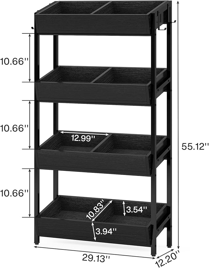 Tribesigns Wood Fruit and Vegetable Basket Stand Rack for Kitchen, Office, Store, Supremarket, Pantry Shelf Unit for Snacks, 4-Tier Wooden Utility Storage Shelves (Black)