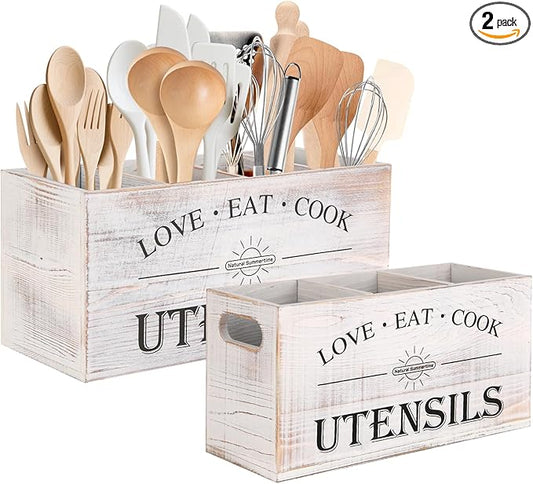 Natural Summertime 2 PC Wooden Utensil Holder,（With 4-Compartments size*1 + 3-Compartments size*1） Extra Large Kitchen Counter,Cooking Spatula Organizer,Farmhouse Decor, Rustic Cooking Utensil
