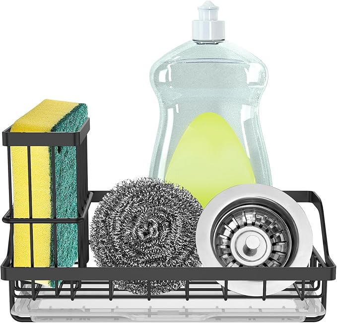 1PCS Sink Drain Rack Stainless Steel Sponge Holder Sink Organizer Rack Rustproof Kitchen Countertop Brush Sponge Holder with Detachable Drip Tray