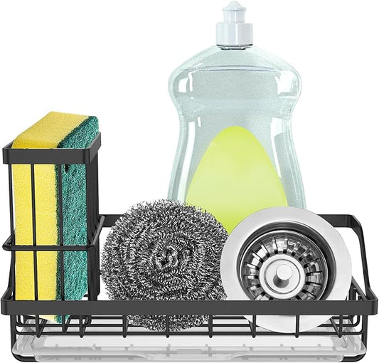1PCS Sink Drain Rack Stainless Steel Sponge Holder Sink Organizer Rack Rustproof Kitchen Countertop Brush Sponge Holder with Detachable Drip Tray
