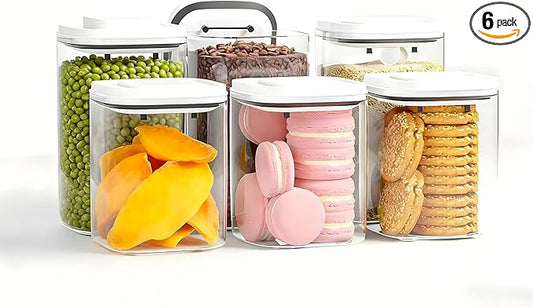 Pop Top Food Storage Container Set | 6Pcs Airtight Cereal Storage Organizer Canisters with Pop Lids, BPA-Free, Vacuum Seal & One-button Opening, Stackable Pantry Containers for Dry Food Storage