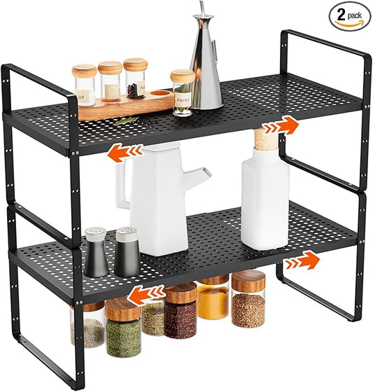 DPZM 2Pack 16.5-27’’L Expandable Stackable Cabinet Shelves, Adjustable Spice Rack Cabinet Shelf Organizer for Kitchen, Countertop, Pantry and Cupboard, Black