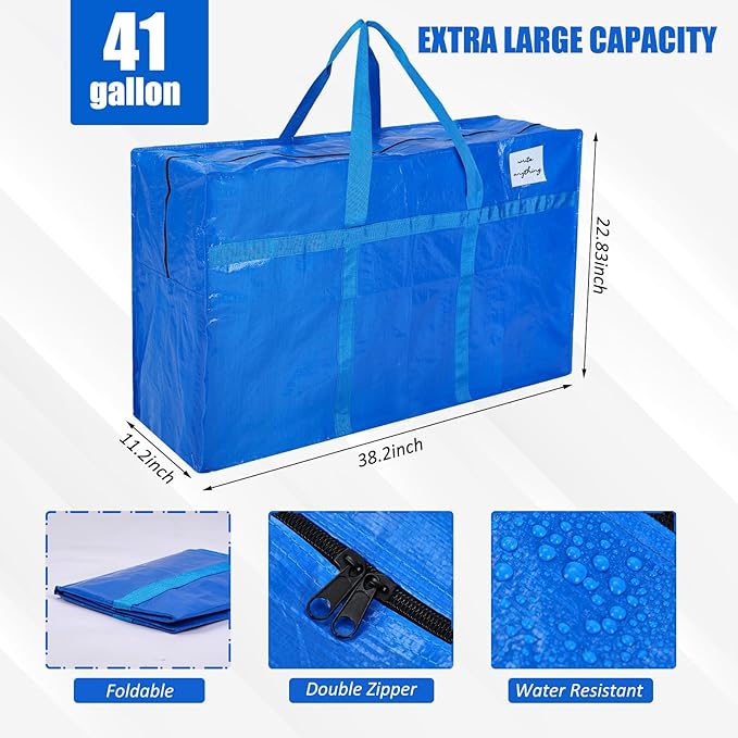 Windyun 4 Pack 41 Gallon Extra Large Moving Bags XXL Heavy Duty Storage Bag with Strong Zipper Handle Jumbo Big Tote Box Foldable for College Dorm Travel Clothes Duffle Blanket Pillow(Blue)