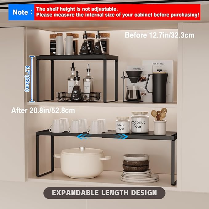 Magheo Expandable Cabinet Shelf Organizer, 2 Pack Stackable Kitchen Counter Shelf Riser, Metal Spice Rack Adjustable Heavy Duty Countertop Organizer Storage for Kitchen, Pantry, Cupboard, Rv (Black)