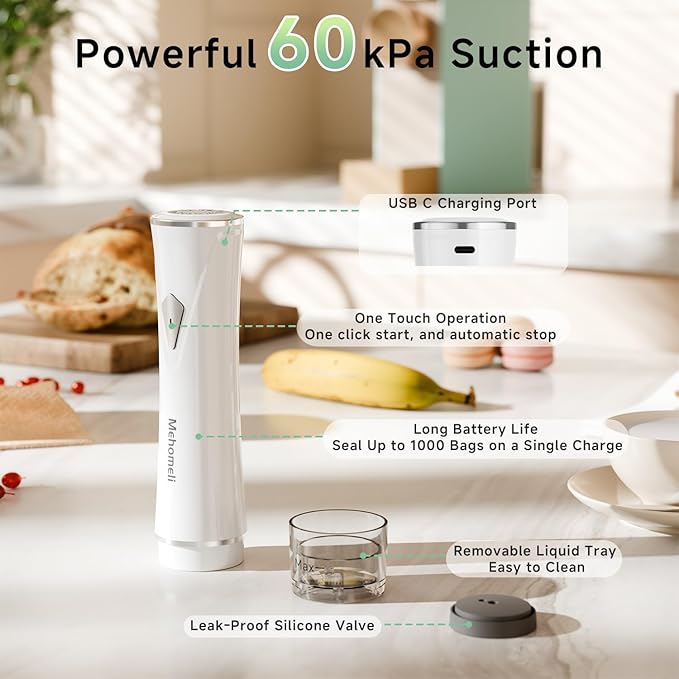 Compact Vacuum Sealer for Food (Vacuum Sealer Machine + 20 Reusable Vacuum Bags), Powerful Handheld Vacuum Sealer Machine, Seal Food 6X Fresh Longer, Portable & Wireless, Easy-Clean