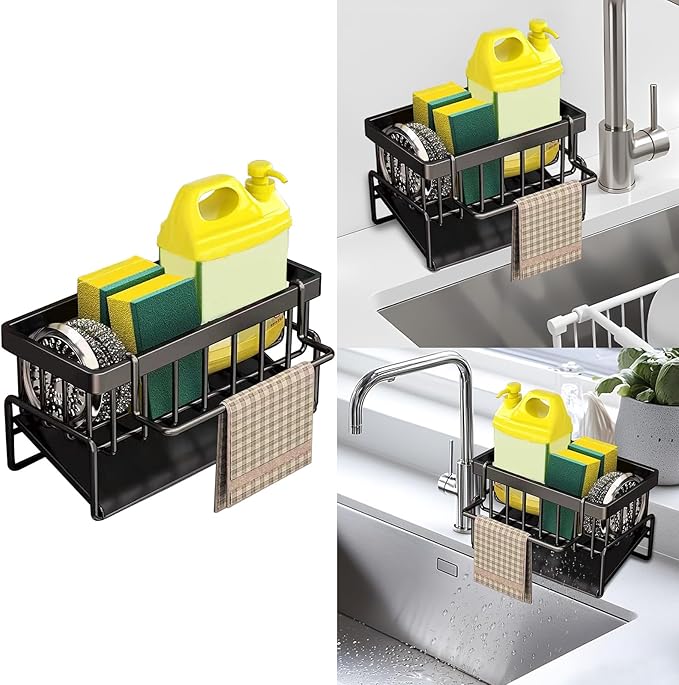 kitchen sink caddy, dish sink sponge holder (With rod-black)