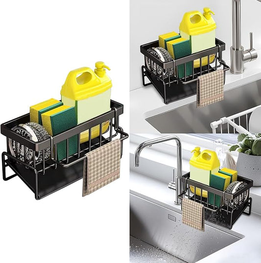 kitchen sink caddy, dish sink sponge holder (With rod-black)