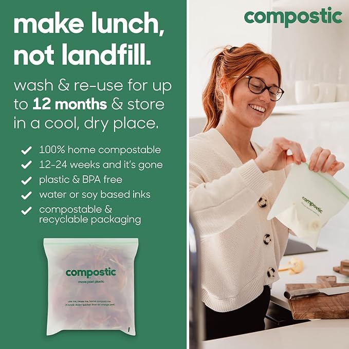 Compostic Home Compostable Resealable Gallon Bags, Microwave & Freezer Safe, Organic Food Storage Container, 60 Count
