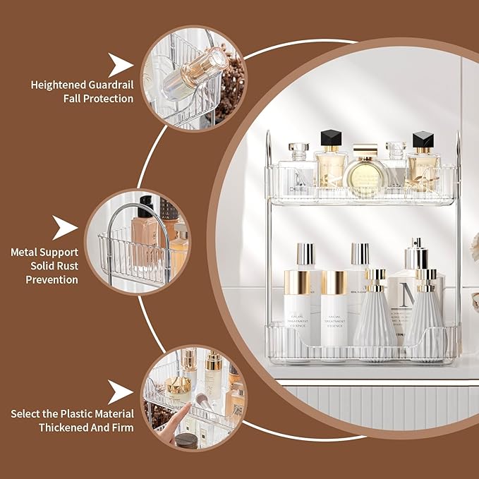 Clear 2-Tier Vanity Organizer - Countertop Shelf for Bathroom Cosmetics, Toiletries, Lotions, Perfumes