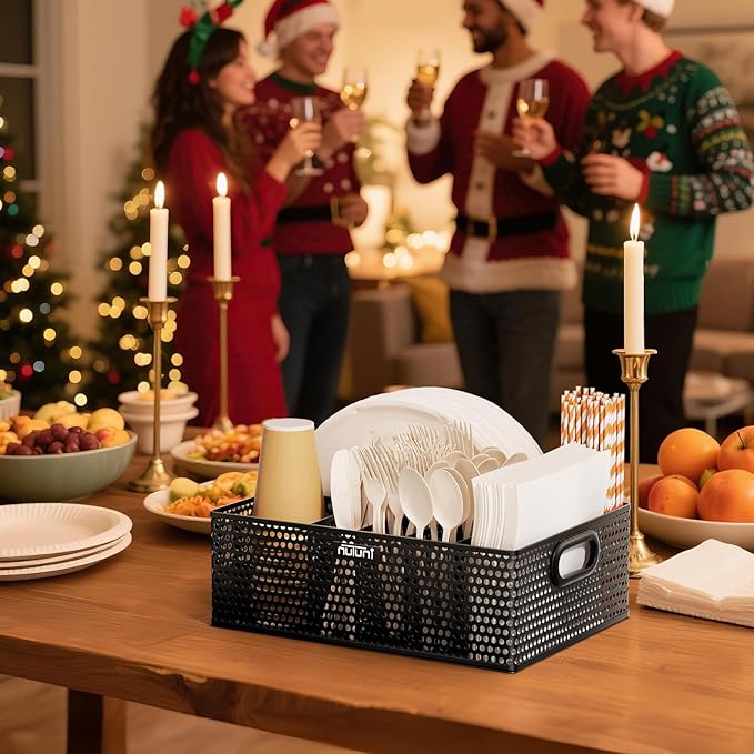 NUTUNI Paper Plate Organizer for Countertop, Perforated Metal Silverware Caddy for Plastic Spoon, Napkin, Utensils Holder with 6 Compartments for Party, Camping, Picnic