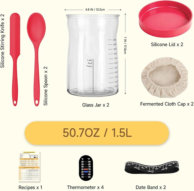Coco Bird Pro Sourdough Starter Kit- 50oz Large Capacity Sourdough Starter Jar, 17 Flavorful Fermentation Recipes, Sourdough Bread Baking Supplies for Making Delicious Sourdough Breads(Red, 2Set)