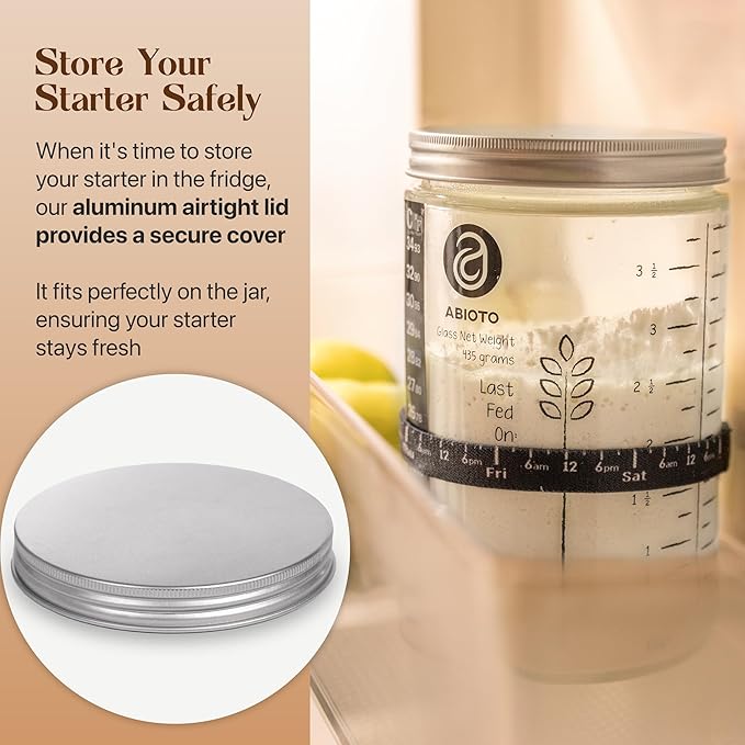 Sourdough Starter Jar Kit, Includes 34 oz Sourdough Starter Jar with Metallic Lid, Silicone Spatula, Feeding Tracker, Extra Thermometer Strips & Breathable Covers – Sourdough Bread Starter Kit