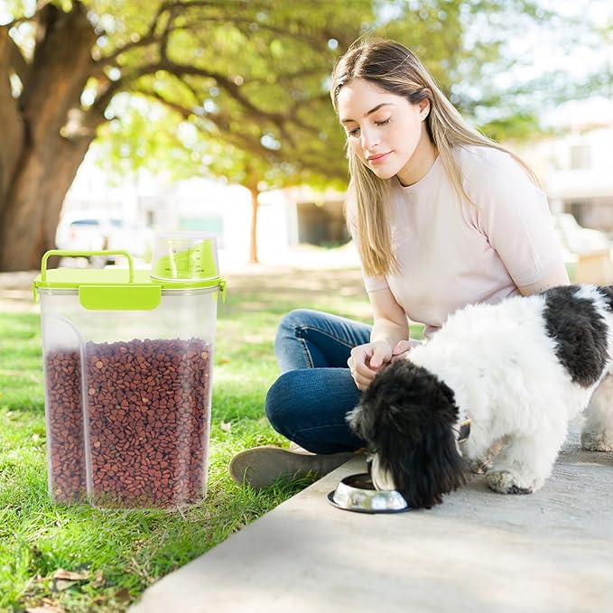5-7Lbs/6Qt Dog Cat Storage Container Portable with Upgraded Large Spout and Cup, Plastic Pet Food Dispenser for Small Animal Kibble, Bird Bird Seed, Oatmeal, Rice, Flour, Brown Sugart-Bright Green