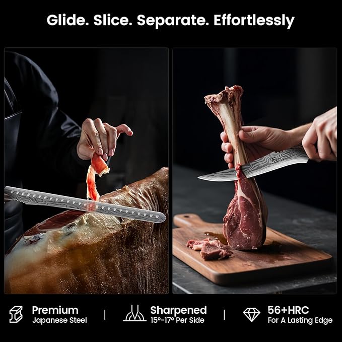 SYOKAMI Brisket Slicing Knife Set, Carving and Boning Knife for Meat & Turkey Cutting, Japanese Style High Carbon Steel Kitchen Knives Set For Home & BBQ, Wood Ergonomic Full Tang Handle, Christmas gift