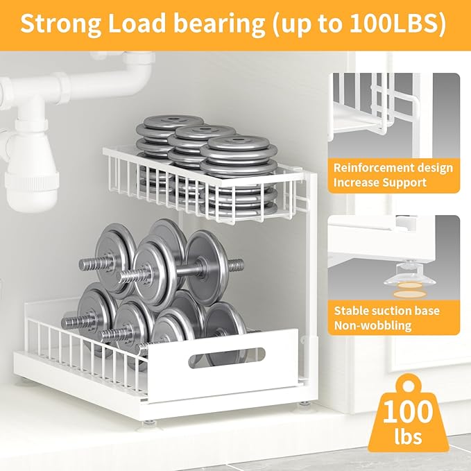 Under Sink Organizer Storage 2-Tier Premium Metal Pull-Out Kitchen Cabinet Organizer with Sliding Drawer, Height Adjustable, Heavy Duty for Kitchen & Bathroom Organizers 2 Pack White