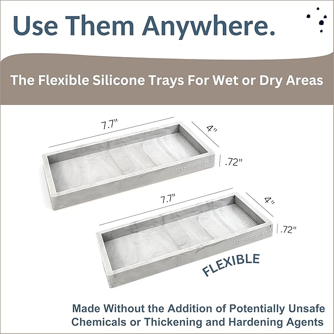 Spacewiser Countertop and Vanity Tray - 2 PC Small 7.7" Silicone Bathroom Trays, Kitchen Soap Tray, Dish Sponge Soap Holder Kitchen Sink Organizer Caddy, Bathroom Counter Trays for Lotion Dispenser