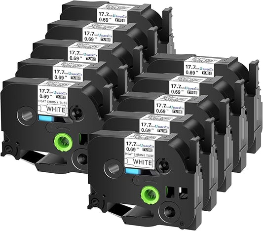 10PK Compatible for Brother Ptouch HSe-241 HSe241 HS-241 HS241 Black on White Heat Shrink Tube Label Tape use in PT-D400 PT-D600 PT-E300 PT-E500 PT-P750WVP Printer (0.69''x 4.92ft)
