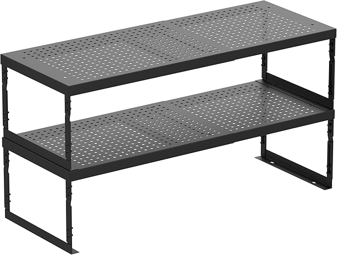 Asiingkel Stackable Expandable Metal Shelf Organizer - Adjustable Wire Storage Rack with Holes for Kitchen, Bathroom, Cabinet, Office - Space Saving, Durable & Sturdy Design（2PACKS/Medium/Black