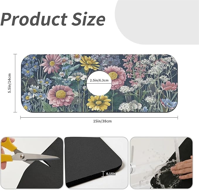 Kitchen Sink Splash Guard，Daisies and marigolds Faucet Mat Sink Gadgets-Super Absorbent Fast Drying Mat Drip Catcher for Kitchen, Bathroom,Sink Mat, Dish Drying Mat, Bathroom(15" X 5.5" )
