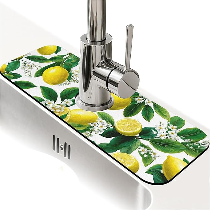 Kitchen Sink Splash Guard，vintage Lemon Tree Faucet Mat Sink Gadgets-Super Absorbent Fast Drying Mat Drip Catcher for Kitchen, Bathroom,Sink Mat, Dish Drying Mat, Bathroom(15" X 5.5" )