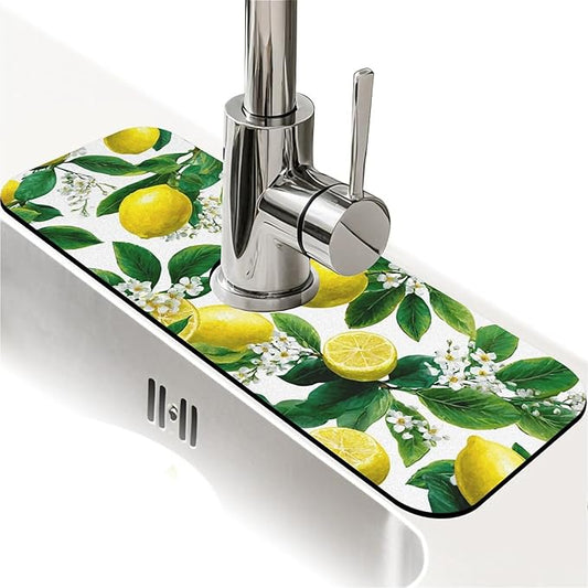 Kitchen Sink Splash Guard，vintage Lemon Tree Faucet Mat Sink Gadgets-Super Absorbent Fast Drying Mat Drip Catcher for Kitchen, Bathroom,Sink Mat, Dish Drying Mat, Bathroom(15" X 5.5" )