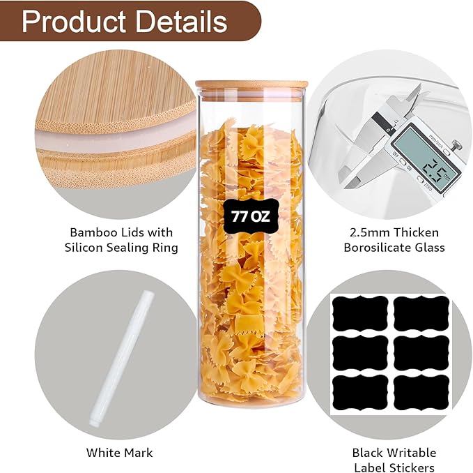 Glass Food Jars with Airtight Bamboo Lids, 77oz Round Glass Canister Set of 4, Pantry Organizers for Cookie Flour Oat Pasta Tea Coffee Bean