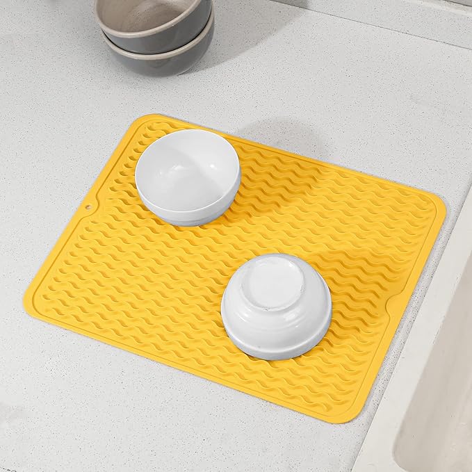 Silicone Dish Drying Mat for Multiple Usage,Easy clean,Eco-friendly,Heat-resistant Silicone Mat for Kitchen Counter or Sink,Refrigerator or drawer liner Yellow L 16 inches x 12 inches