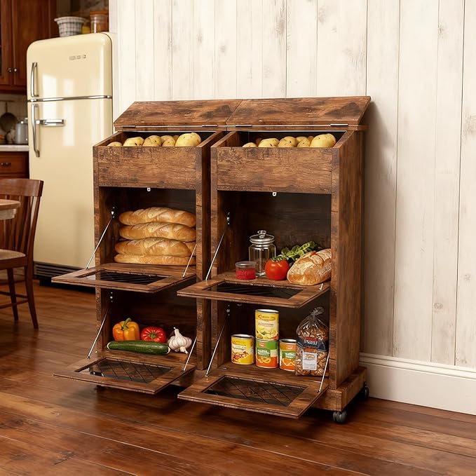 Potato and Onion Storage Bin Wooden Potato Storage Cabinets with Mesh Doors Vegetable Storage Bread Box with Lid Movable Fruit Basket with Wheels Decorative Vegetable Organization Cabinet for Kitchen