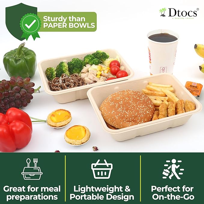 Dtocs Bamboo Fiber Meal Prep Containers with Lids 1350 ml, 40 Pcs | Bagasse Like Bamboo Disposable Container for Lunch, Salad, To Go Meal Box | Alternative to Paper, Plastic Food Containers