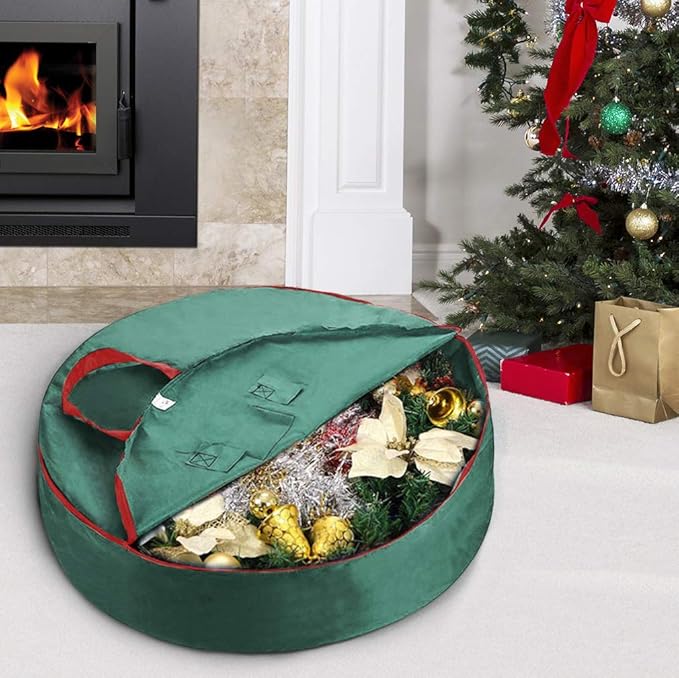 Primode Heavy Duty Christmas Wreath Storage Bag 24"- Garland Wreaths Container with Handles - Durable 600D Oxford Polyester Material Holiday Wreaths Storage Holder 24” (Green)