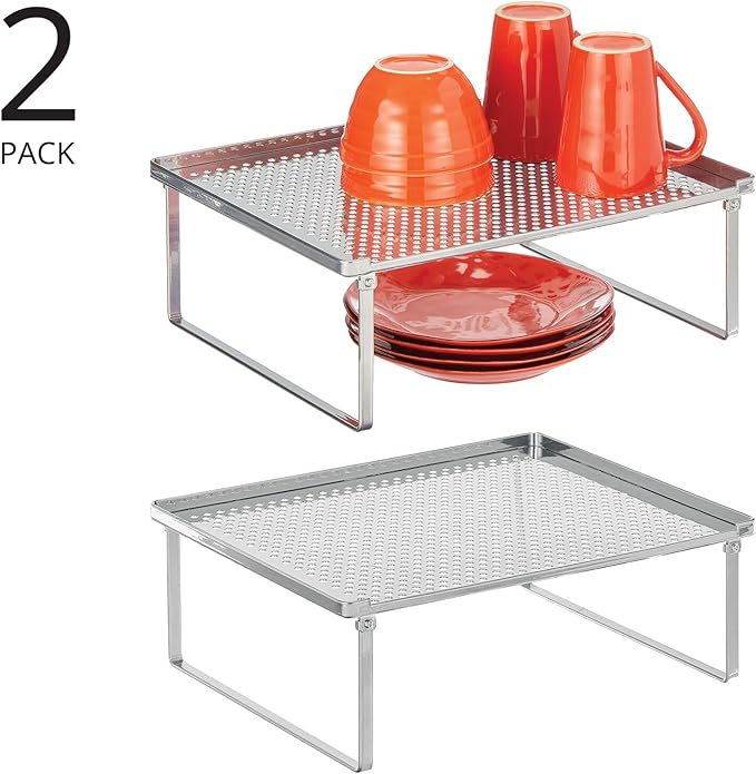 mDesign Metal Kitchen Shelf Organizer Rack - Stacker Storage Risers for Cabinet, Counter, Cupboard, or Pantry - Holder Stand for Plates, Dishes, Cups, Bowl, and Glasses - 2 Pack - Chrome