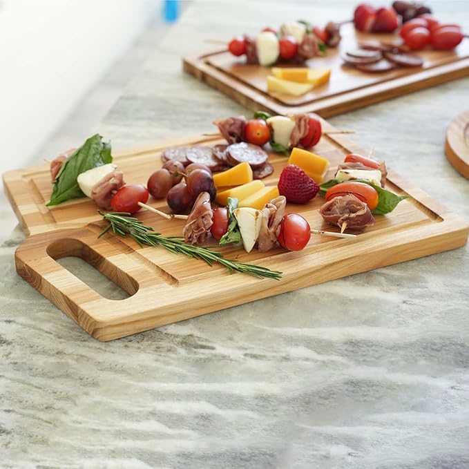 EcoDecors 3 Piece Teak Wood Cutting Board Set, FSC Certified Edge Grain Wood with Juice Groove and Handle, Serving Boards for Chopping and Carving