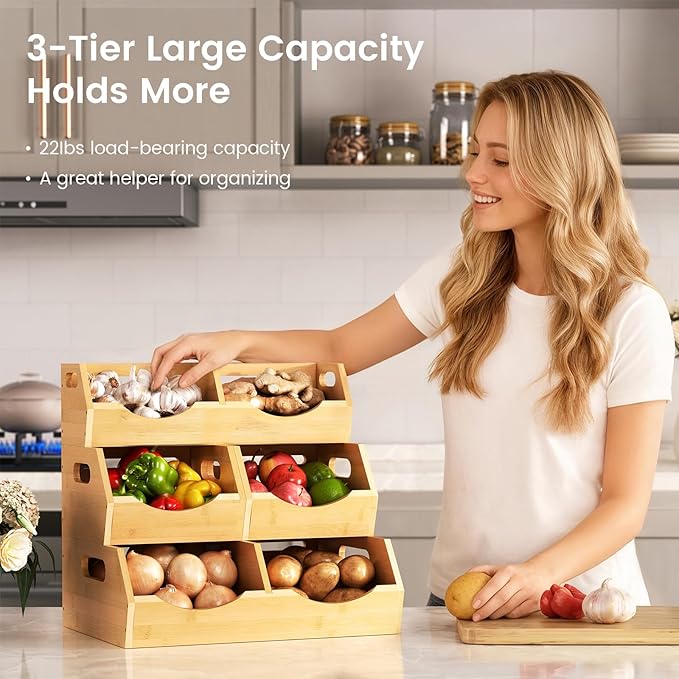 Potato Onion Storage Bins Natural Brown, 3 Tier Bamboo Pantry Storage Bin Stackable Ventilated Kitchen Organizer for Pantry, Countertop, Bathroom, Space-Saving, Easy Access Handle