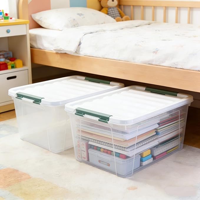 4-Pack Latching Lid Box, Large Clear Plastic Storage Bins, 35 Quart, Green Latch, Stackable Container Boxes for Home, Bathroom, Kitchen and Office Organization