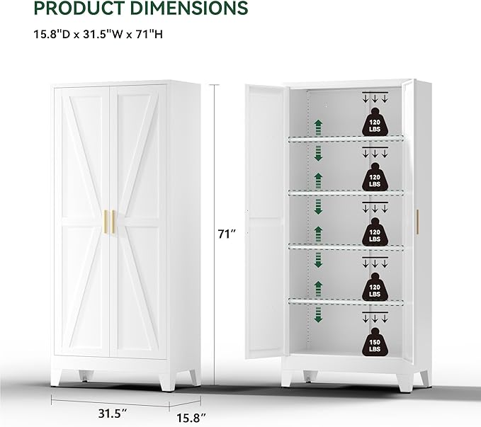 YNIQUESTLE Farmhouse Pantry Cabinet,71" H x 31.5" W,Metal Cabinet with Adjustable Shelves and Barn Doors,5-Tier Storage Cabinet for Kitchen Dining Room Garage,White