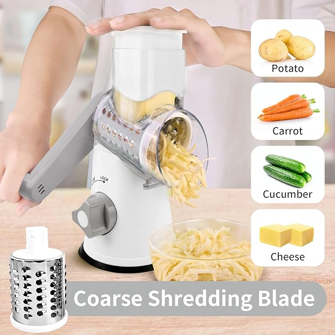 REDPANT Rotary Cheese Grater, Manual Cheese Shredder with 3 Interchangeable Blades, Cheese Grater Hand Crank with Strong Suction Base, Easy to Use and Clean, White