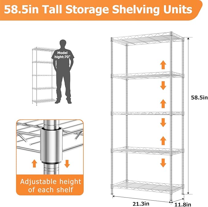 Storage Shelves,21.3"W*11.8"D*58.5"H Kitchen Wire Shelving Unit Loads 550LBS,5-tier Adjustable Metal Utility Shelf,Garage Shelves,Home Storage Rack for Kitchen,Laundry,Pantry and Closet,Chrome