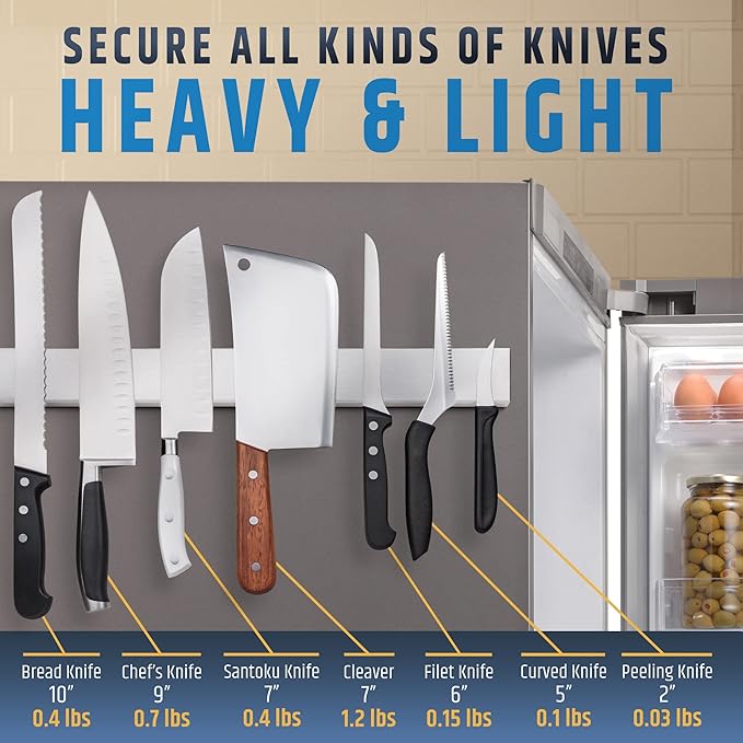 22" Premium Magnetic Knife Holder for Refrigerator (Double-Sided Heavy-Duty Magnets) - Upgraded Strip for Strong Fridge Mount - Clear Up Counter Space - 304 Anti-Rust Stainless Steel (Upgraded Design)