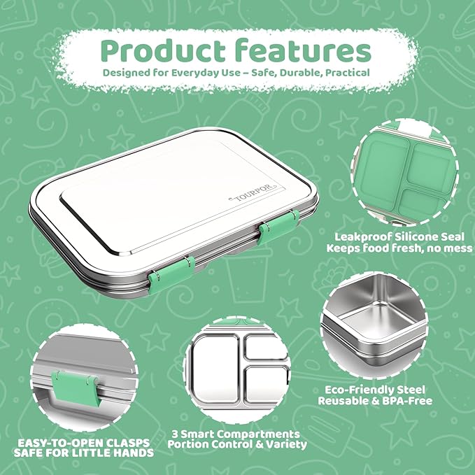 Stainless Steel Bento Box for Kids 1000ml - 3 Compartment Lunch Box for Adults, Leakproof Food Container, BPA-Free Metal Lunch Box with Silicone Seal, Eco-Friendly/Dishwasher Safe (Green)