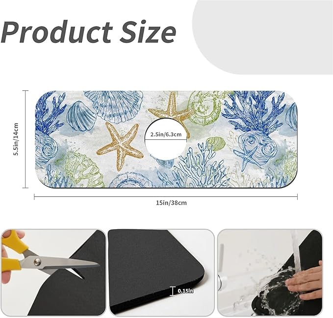 Kitchen Sink Splash Guard，Colored coral starfish Faucet Mat Sink Gadgets-Super Absorbent Fast Drying Mat Drip Catcher for Kitchen, Bathroom,Sink Mat, Dish Drying Mat, Bathroom(15" X 5.5" )